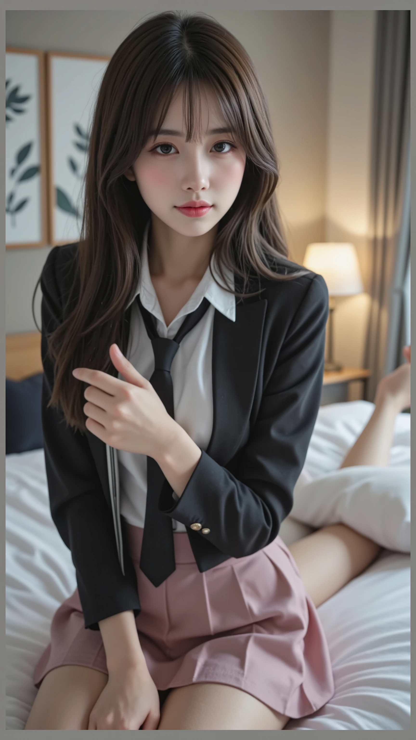 ((masterpiece, top quality, high definition, Ultra-fine)), Japanese High School Student,(realistic:1.5)、Smile Yan、Pink Areola、closed mouth、 Sharp Mouth、shiny lips 、Long hair in the book ,(Beautiful Black Hair:1.2)、College Uniform,( Black Blazer ,necktie, Dress Shirt,pink very short mini pleated skirt)、textured skin to point a sword at your opponent、big breasts、Chest Valley、Japanese-style room at a ryokan、((lying on the bed))、with broken wings facing the front、anatomically accurate from behind, High Precision CG Synthetic 8K Wallpaper, high definitionのRAWカラー写真, professional photo shooting, has a light on the side, Back has a light on the side, Impressive, written border depth,