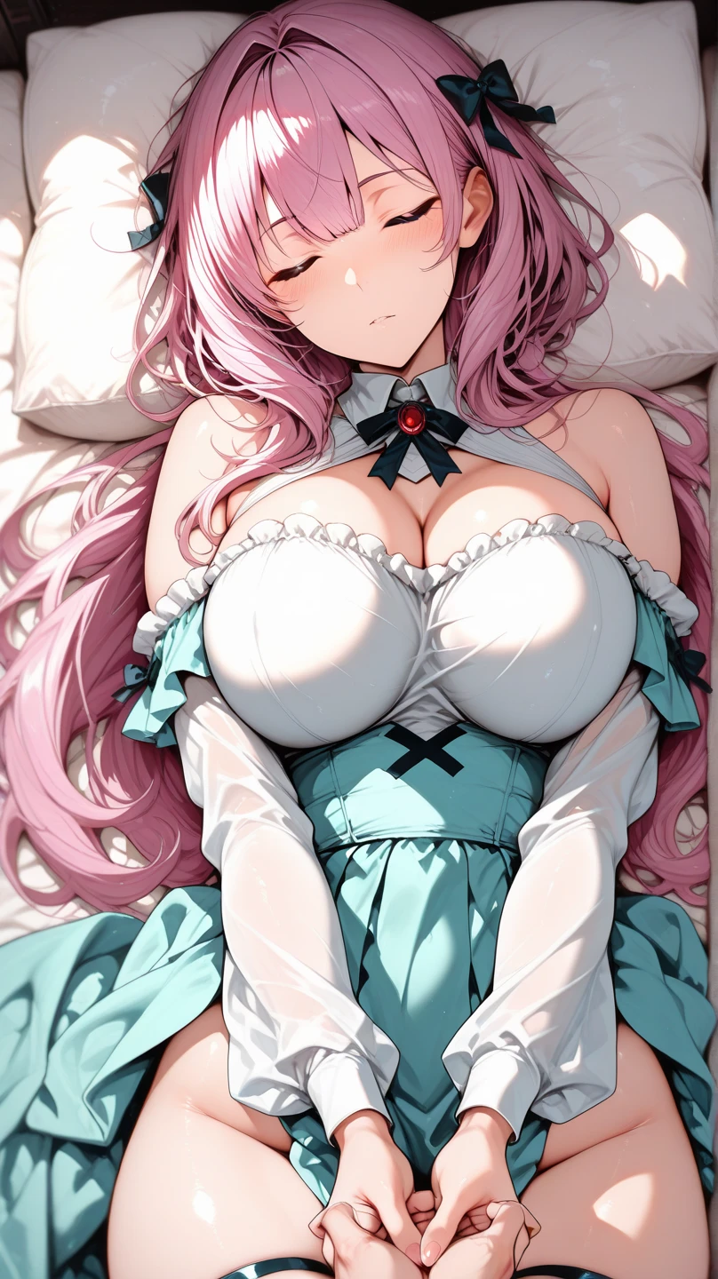 ((Browsing Caution:1.4, masterpiece, highest quality, High resolution, 超High resolution, Perfect Pixel, Depth of written boundary, 4K, RTTX 10.0, High resolution))), (One girl:1.3), Beautiful Anime Girls, Beautiful art style, Anime characters, (, ((Detailed face, Blushing:1.2)), ((Smooth texture:0.75, Realistic texture:0.5, Anime CG Style)), ((Beautiful and large breasts, Cleavage)), indoor, Bedroom, Perfect body, Slender body, (Underarm:1.4), ((Sleeping in bed, (lying on one's back:1.6), Lying in bed, Sleeping pose:1.2)), ((close, throw, cute, a sighing expression)), (Pink side-tie panties:1.5)), (Natural light, Reflection of light, Morning Scenery), (There's a lot of sticky white cream on my face.:1.6)), (ねばねばの白い生クリームがCleavageについている:1.5),(Open your mouth wide:1.3)), breathe on your shoulders, sexual pleasure expression, Hold your pee、Patience is the limit、On the brink of climax), (Perfect Anatomy, Perfect number of arms, Perfect hands), A girl with pink hair that turns green at the bottom, Short bangs, Two big hair braids in front、Third braid at the back, Large green eyes with deep green pupils, She has two moles under her eyes, He wears a dark purple shirt with gold buttons., 彼女の胸の部分だけはだけてCleavageが見えている, In a short dark purple skirt and white kimono , Green knee socks with black stripes, The skirt is flipped up, ((Putting your hand in your panties:1.7), fingering)