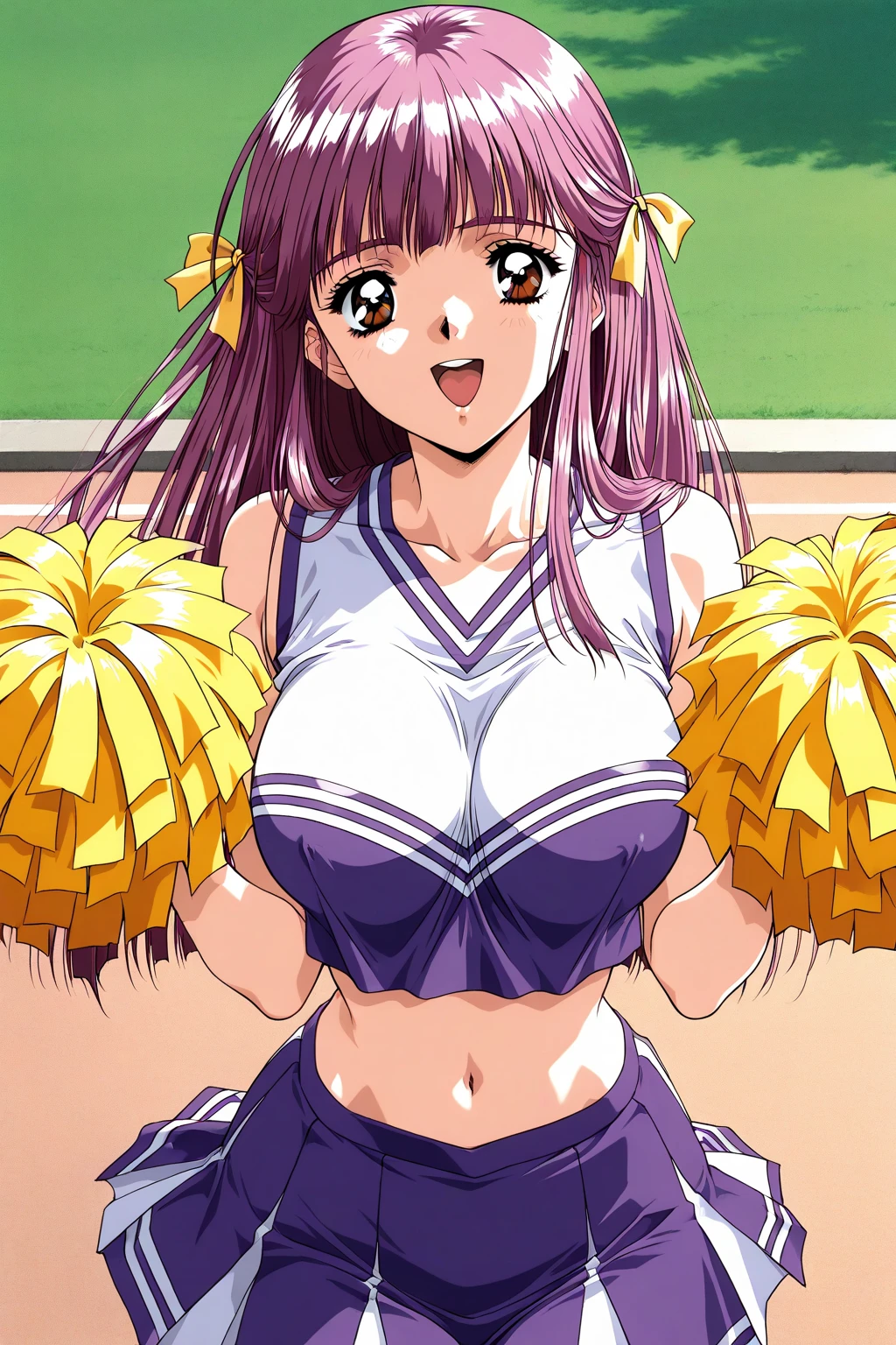 score_9, score_8_up, score_7_up, score_6_up, score_5_up, score_4_up, BREAK, source_anime, 1girl, ran, long hair, bangs, pink hair, bow, hair bow, red bow, pink eyes, large breasts, ????? nipples, (wearing a cheerleader uniform, dancing, bottomless), dutch angle, cowboy shot, smile, open mouth, looking at viewer, huge breasts, ????? nipples, chichibukuro, futa, ?????, cum burst, school ground, blurry background, bokeh, pose, photo shoot, solo, 1girl, spread legs, Unshaven Pubic Hair, sikinny, narrow waist