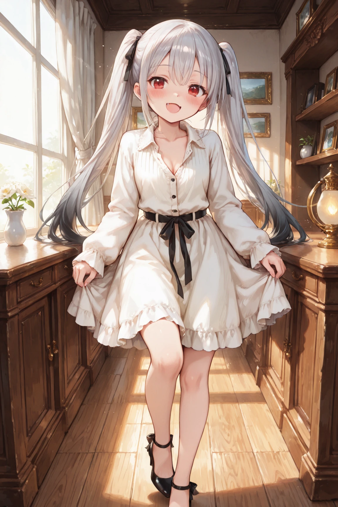 1girl, gray hair, twin braids, collared dress, <lora:SilvermoonMix:1>