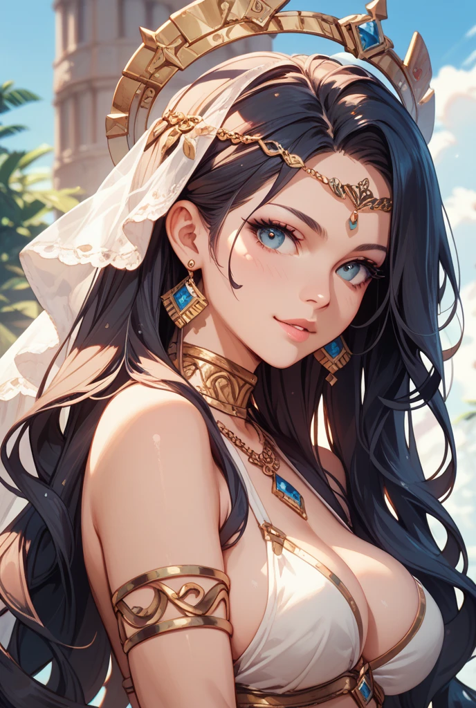 a beautiful dark elf girl in an egyptian setting, detailed face with seductive gaze, delicate features, large breasts, intricate jewelry and clothing, dramatic lighting, fantasy art style, cinematic composition, highly detailed, 8k, photorealistic