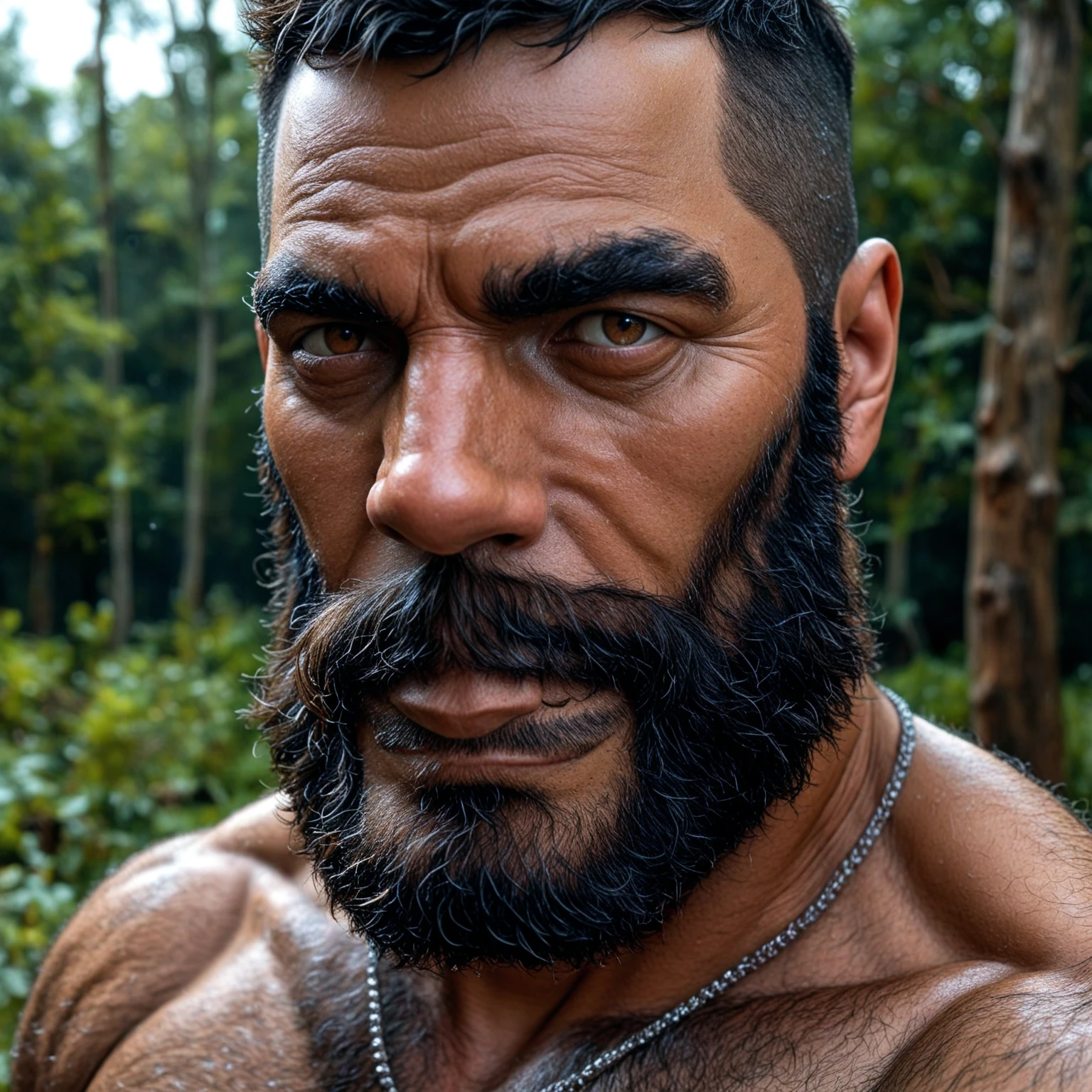 1人, full bodyesbian, Short gray hair, musculature, Strong bear，Strong，Facial hair，National character face，Beard, monk clothing，Naked, perspire，Wet the whole body，Felling trees， (Masterpiece, Best quality, A high resolution, Ultra detailed ), depth of fields,and the sun was shining brightly，rural village background，Sweat wet clothes，Naked，enjoying，Homem de meia idade，50yearsold，grandfatherly。