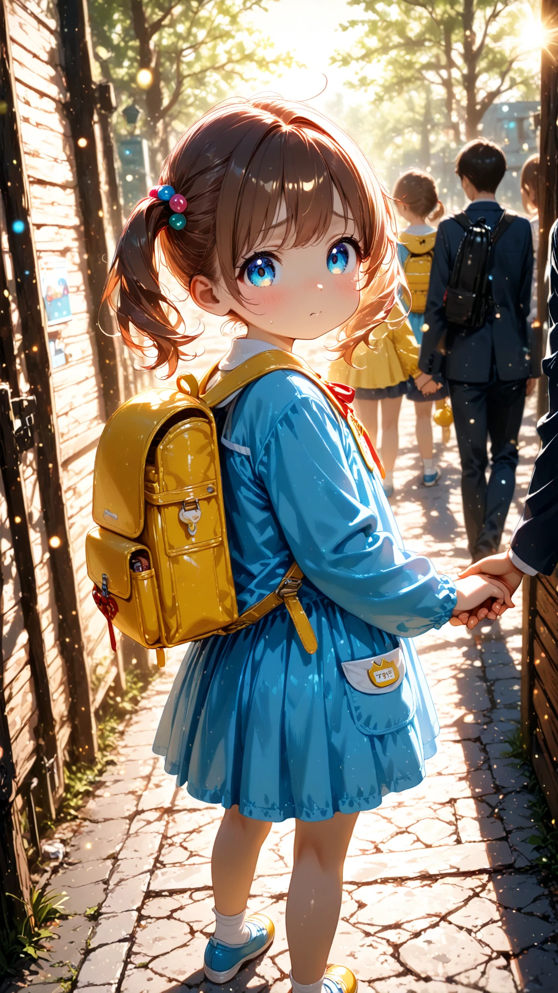 A lively market, a cute child carrying a schoolbag is visiting the market, on the left and right are lively stalls, the background is blue sky, close-up of children's characters, colorful colors, summer lively market, market background, overhead shot, game scene