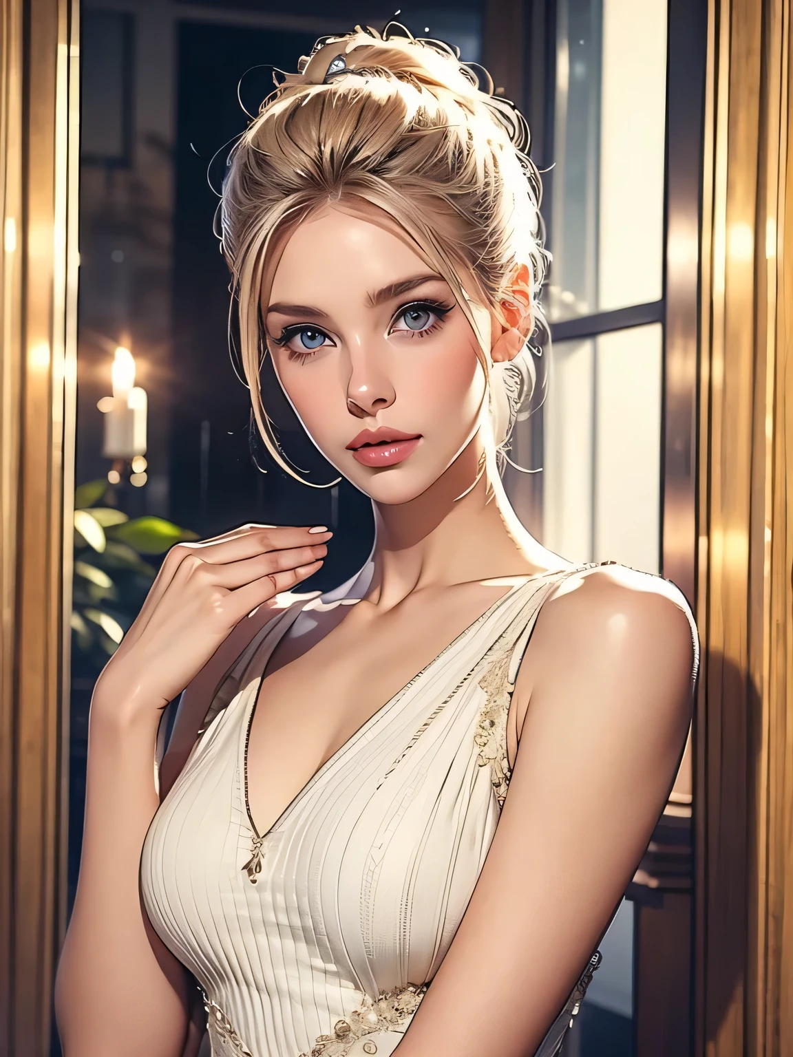 top quality, masterpiece, super high resolution,
1 female, type, Slim, tall, beautiful,platinum blonde,blue eyes,
White Neck Knit Dress with Side Slits, More about bows, Fitted Silhouette, petite length, Soft cloth texture, cream,
thin legs, Glossy Skin on Left Chest, Classy looking ,
Studio Shot, Soft writing,
Fashion Magazine Style, pro shooting, PORTRAIT PHOTO,
Elegant Atmosphere, sophisticated expression, Graceful Pose,
Department Stores, show window, luxury boutique