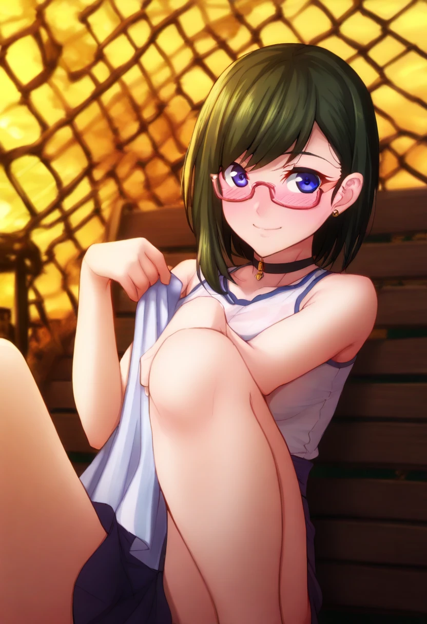 1 girl, glasses, masterpiece, flat torso, skinny, smile, school classroom, in classroom, shy, stockings, nude body, standing