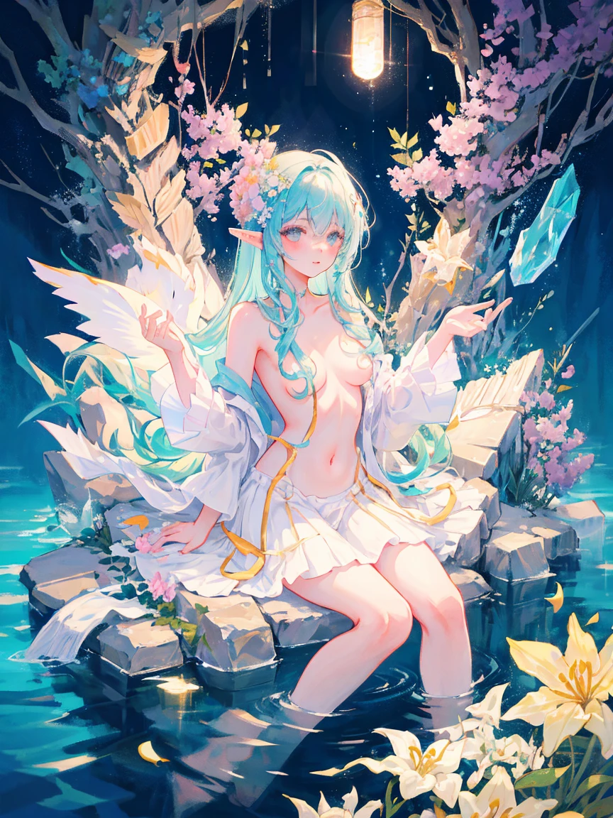 (masterpiece, best_quality, ultra-detailed, immaculate:1.3), epic, illustration, rough sketch, welcoming, Velvet Ash tree pixie::3, see-through gossamer, , by a tropical pond, bombshell hair, iridescent indigo hair, ahoge, wing hug<lora:EnvyBeautyMix25:1>