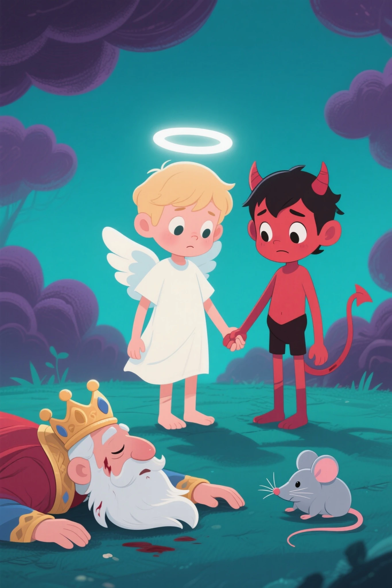 Two boys, they are sitting on a golden bench and are kissing. The boy on the left is an angel. He has curly blond hair, blue eyes, fair skin, 2 angel wings, a halo on his head, and is only wearing a white and gold thong. The boy on the right is a demon. He has brown skin, black hair, horns, red eyes, 2 demon wings, and is wearing a gold necklace and gold bracelets. They are only wearing a black thong with red details. They are in a forest at night. They are kissing passionately. The image has to be in a cute anime shota.