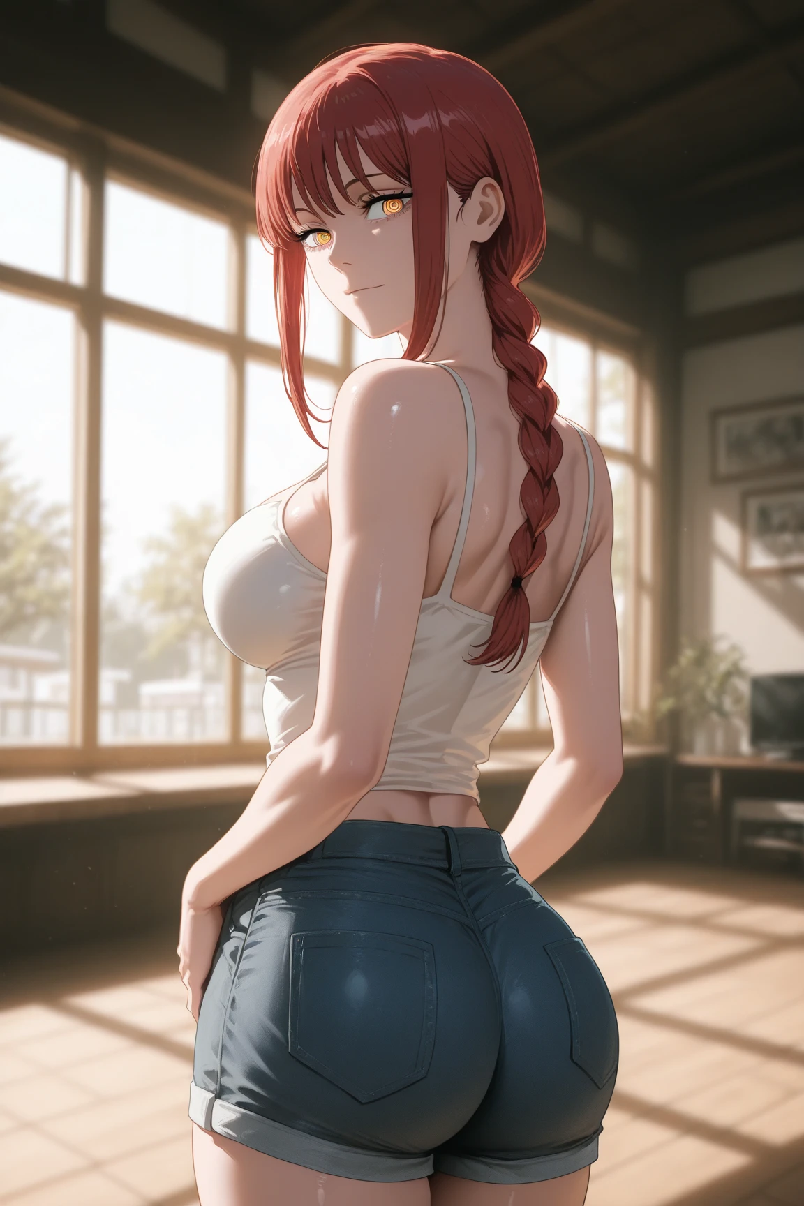 a beautiful detailed girl with orange hair, dramatic lighting, bright pupils, wearing a maid costume with white leggings, camera angle from under the skirt, 1girl, highres, 8k, best quality, masterpiece, ultra-detailed, realistic, photorealistic, photo-realistic, HDR, UHD, studio lighting, ultra-fine painting, sharp focus, physically-based rendering, extreme detail description, professional, vivid colors, bokeh