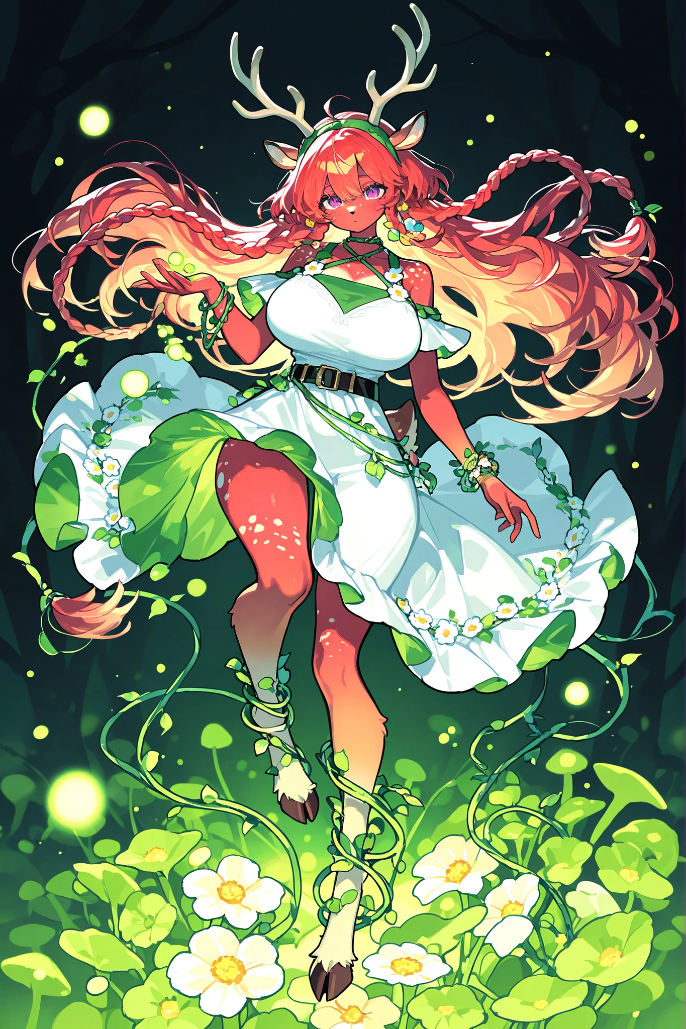 a female dryad,furry deer. She is tall, has , wide  and long legs. She has purple-red eyes. She has tanned skin covered with freckles. She has longest ginger-red  hair,some strands of hair are braided into sparse braids. She has deer ears and a deer tail to match her hair. she has a deer hooves on her feet. On her head she has branching deer antlers covered with oak leaves. She is wearing a white sundress embroidered with red threads. She has vines bracelets, a headband, and a belt made of tree leaves and flowers. Her earrings are acorns. Close up:she holds out her hand to the viewer and offers to take her hand. (On the background : sunny evergreen forest, blooming wildflowers grow all around. the mushroom grove where big multicolor mushroom-trees grow everywhere around the blooming swamp, fireflies are flying in the air. Multicolored flowers and mushrooms wich growing around have bioluminescence.)