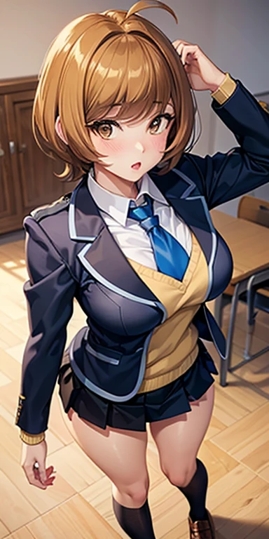 high quality,masterpiece。Cute brown-haired woman,The hairstyle is short hair。She stands upright with her face and body facing the viewer,true identity。her hands are empty,Both hands are not posed。she looks tall。Her breasts are huge and very big,Good style。she is smiling with a cute face,Both have brown eyes。Clothes are school uniforms,navy blue blazer,navy blue skirt。Black stockings on both legs。she is standing,The place I'm standing is the classroom。