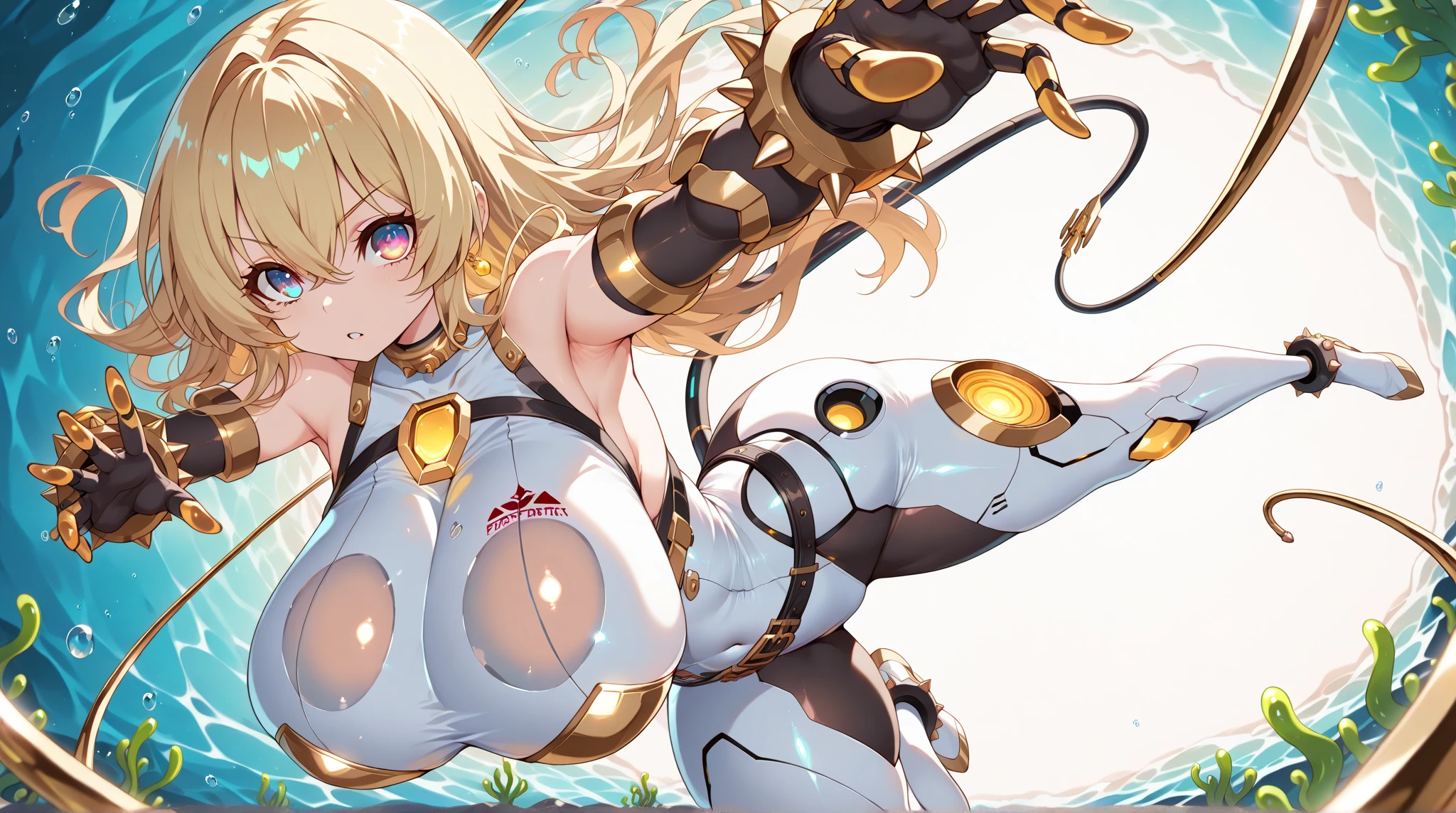 Smiling girl in a revealing yellow and orange see-through mechanical bikini with shiny wet skin,Gal-like ponytail,Fully transparent glass textured bikini armor,水色ライトの透明なMechanical Armor,(Highest quality),(8k),Mechanical Armor,Show all,(Thinly visible genitals),Accentuated breasts,Mechanical firearms equipment,Eyebrows rise,Bullish expression,Blonde,Don't blush,Laugh with your mouth closed,Standing on a white floor,White background,(Show the whole body),View your viewers