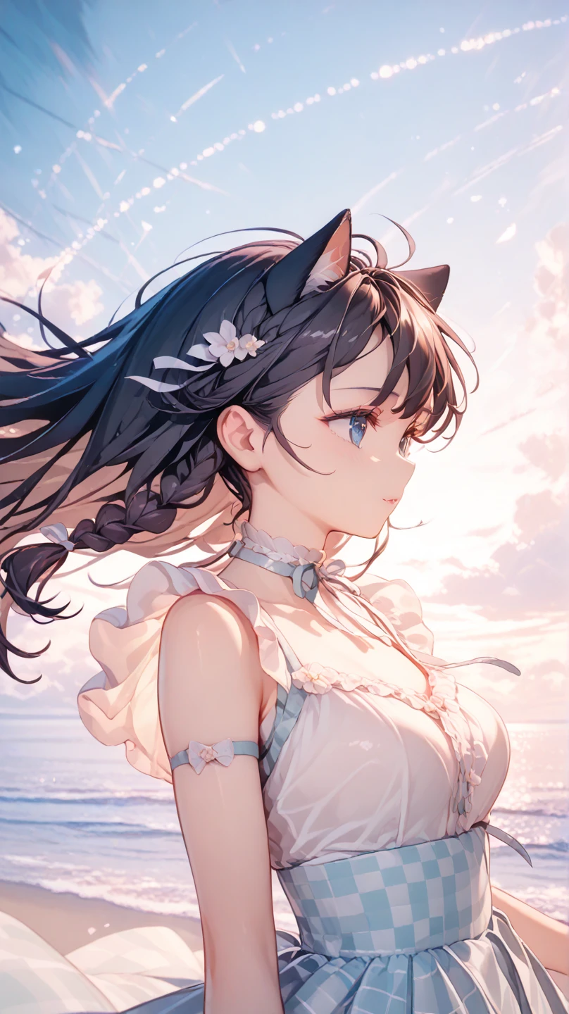 A beautiful girl with horse ears、Gummy Smile、Hands behind your head、Prone、Beautiful breasts、Flashy swimsuit appearance、At dusk、super high quality、Maximum resolution、Best assembly、Correct body structure、High angle、From the knee up、Face Detail