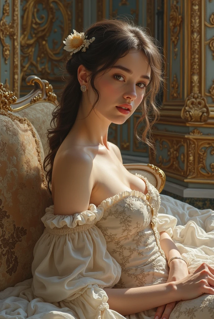 photo of an ebony woman in a white off-shoulder strapless dress sitting in a chair, elegant, feminine, very intense makeup