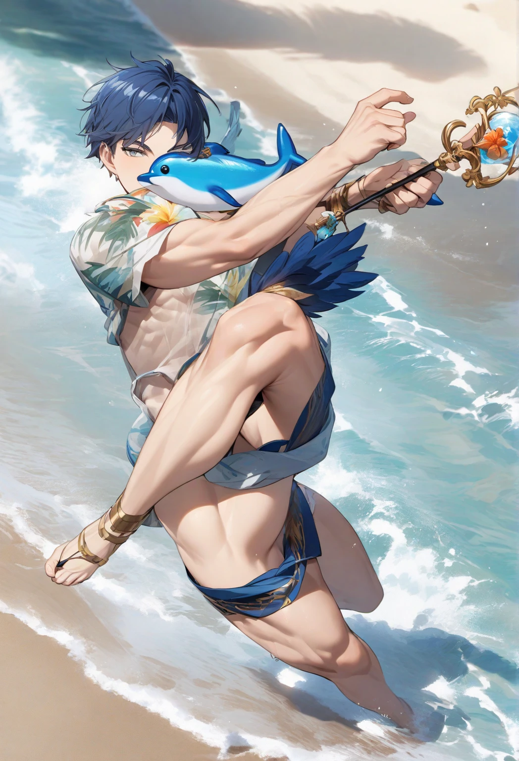anime character, 15 year old twink elf boy, he has white hair, the bowl cut, the color of his skin is light blue, he is from an aquatic kingdom, his thong is the same as Tarzan's, but it is made of al, he wears necklaces and earrings made from shells, he is powerful and is controlling the entire ocean, full body, action pose, sovereignty pose, attack pose, elf with white hair and blue fish skin.