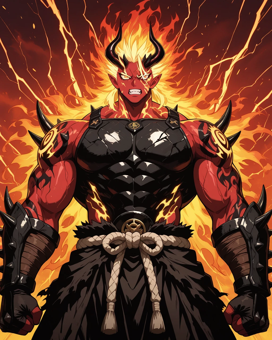 (Fire hair:1.0), brown skin, glowing eyes, (African male:1.0), muscle, fire background, glowing tattoos, 8k, high definition, huge resolution, (dreamlike style:1.0), bright colors, half body perspective, bone necklace, handsome, short beard,