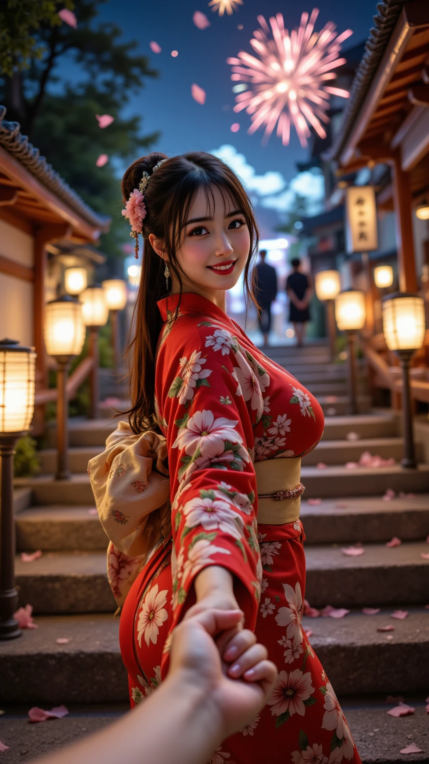 (masutepiece:1.3, Photorealsitic:1.4, 8K), top-quality, masterpiece, 超A high resolution, Professional camera work, Grow Light Effect, Realistic portrait, Cinematic Light, Highly detailed skin and facial texture:1.3, The ultra-detailliert, A detailed eye, Detailed limbs, autumn night, Precincts of the shrine:1.2, Autumn foliage scenery:1.2, 1girl in, Cute sexy 22 year old slim woman, Fair skin, ((Natural smile:0.9, Totally captivates you:1.0)), (Backshots, Calm pose), ((accurate shrine maiden costume)), ((voluptuous breasts:0.9)), (Beautiful blue eyes, Eyes that feel beautiful eros:0.85), Sexy face:0.4, (A mouthfeel that feels beautiful eros:0.85), ((Too cute beauty:0.9))