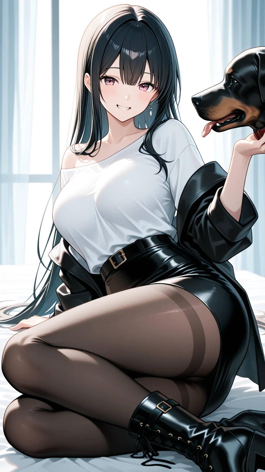 Nico Robin, long hair, black hair, gray tailored suit, open tailored suit, A white blouse, open blouse, white lace bra, medium breasts, slips thong, mid thigh skirt, spread legs, smiling, Classroom, noon.
