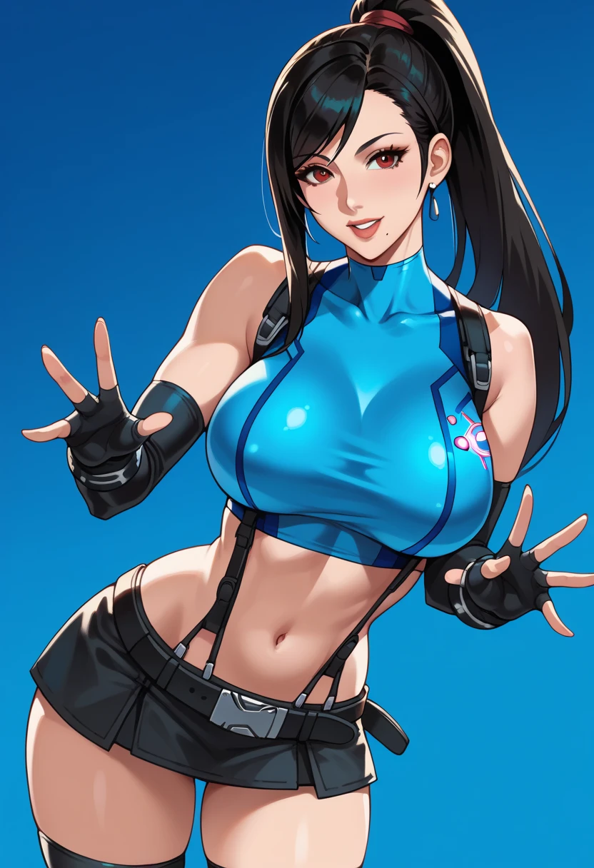 A sexy girl with a big breast, short brown hair, short circular hair, her black eye, wears a light blue top, shows a navel, a ribbon, a curved black scarf, and tight black pants with a big thigh.