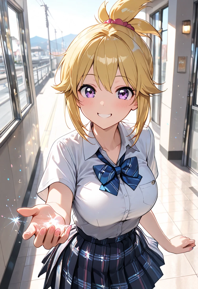 1girl, solo,(best quality),(masterpiece:1.1),(school uniform:1.4), dress, looking_at_viewer, neck_ribbon, cute, clear facial skin,