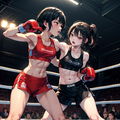 dynamic action. two women are facing each other in the octagon ring. A woman is punching into the other woman's body. A female fighter is crying。Her spots bra is ripped。Covered in bruises。Bloody。shortness of breath。Drooling。Frightened expression。Running out of energy。Sweaty。Short black hair。Open Finger Gloves。Erect nipples。One eye closed。Leaning back。