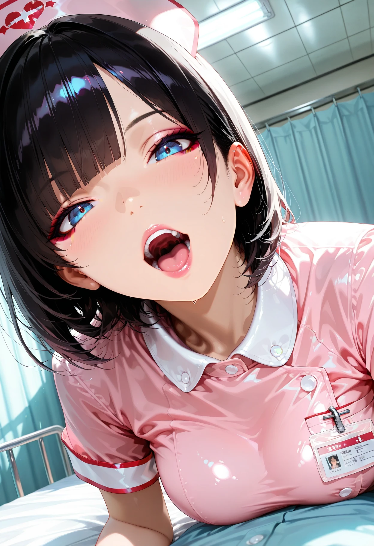 Anime picture: A high school girl is riding on top and inserting a penis into her vagina. You can see the vagina with the penis inside clearly. The high school girl has a dreamy look on her face and is dripping love juice.