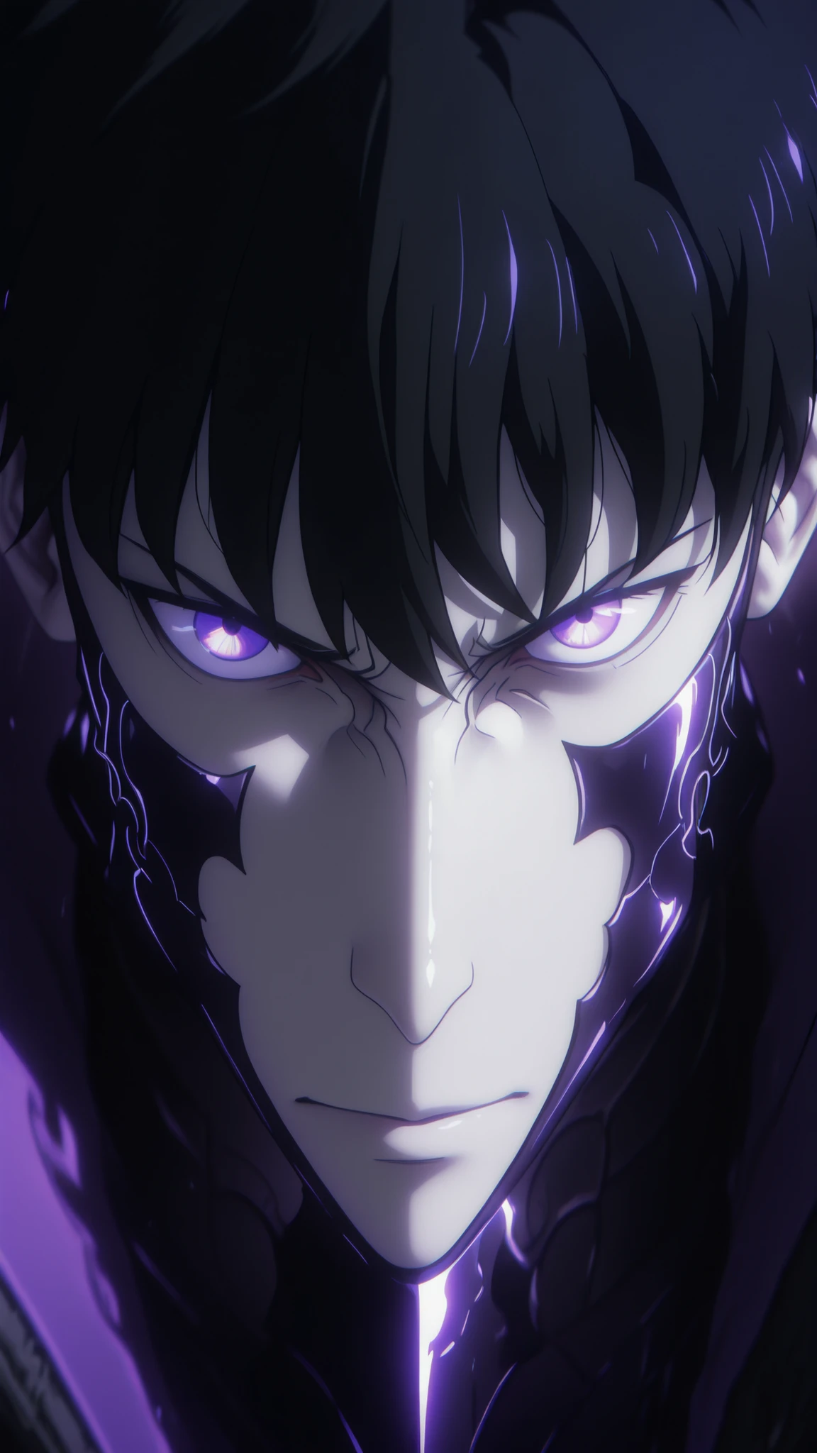 Ultra-realistic portrait of Sung Jin-Woo from Solo Leveling, shoulder to head close-up, intense expression, pale skin, dark tousled hair, glowing blue eyes with purple reflections, black jacket with a high collar, dramatic cinematic lighting from above, standing directly in front of viewer. Behind him: hyper-realistic shadow soldiers emerging from darkness, humanoid yet monstrous, glowing purple eyes, ghostly armor, misty dark environment. SLshdw, Depth of field focus on Jin-Woo, background slightly blurred, anime realism style, high resolution, 4K detail, sharp focus, dark fantasy atmosphere.