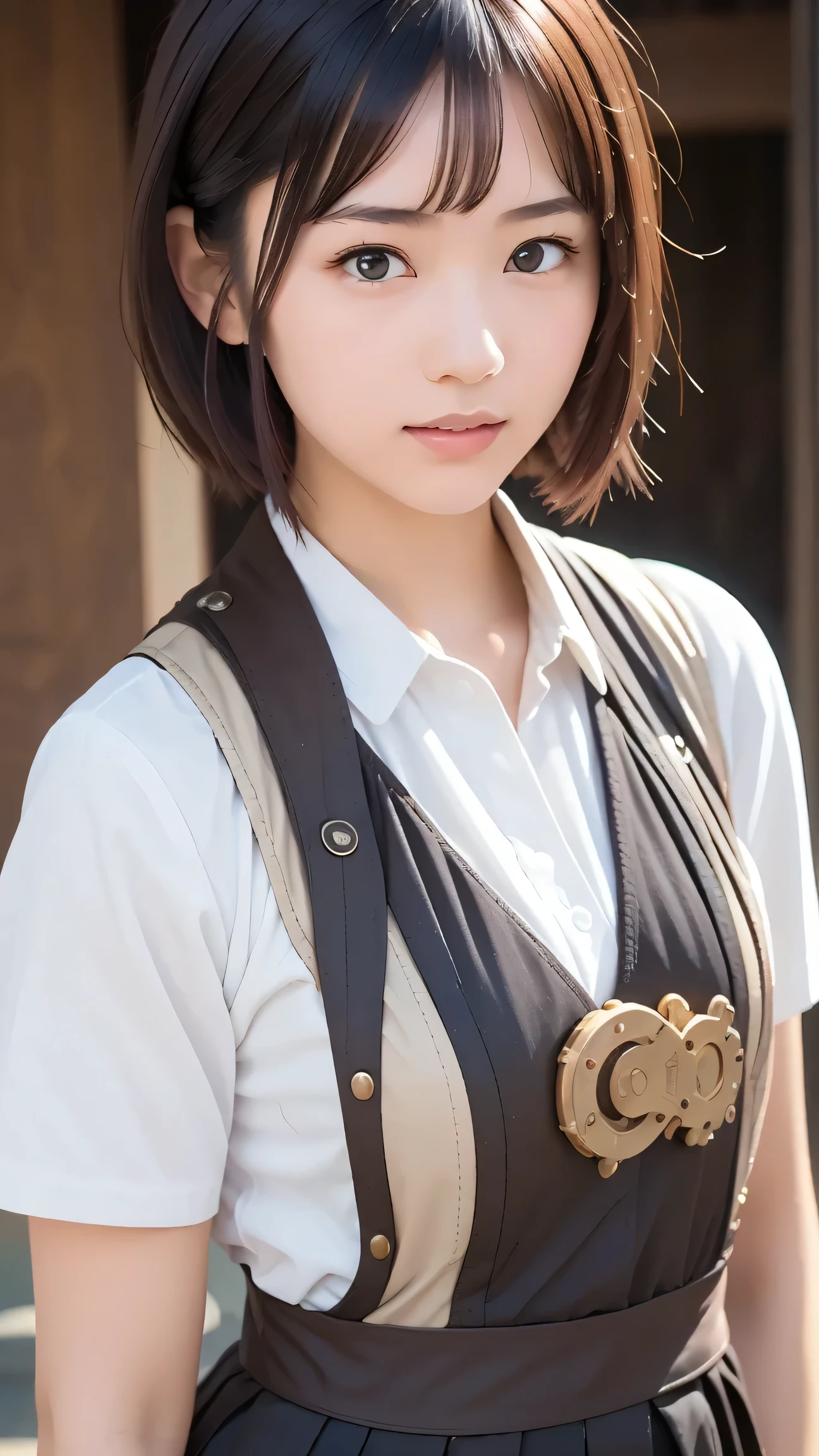 High Accuracy Choice、最High Accuracy Choice、masterpiece、high resolution、1Sunny Girl、cute Japanese girl (1),beautiful girl with dark hair、 viewers、(steampunk, student uniform:1.3) ,standing, (character faces, in front of Safushimi Inari Taisha's torii gate focuses on sharp eyes and delicate details:1.1), (character's face with a sunny girl:1.3),