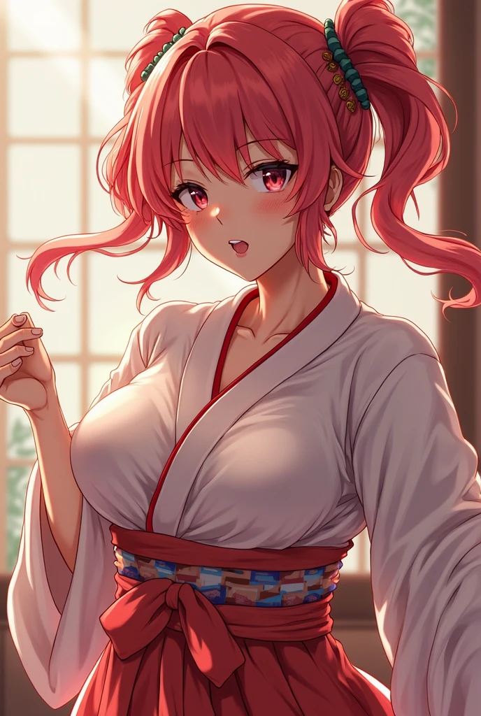 girl with、White yukata、Black band、Inside the inn、large full breasts、Red cheeks、Red hair color、slightly short hair