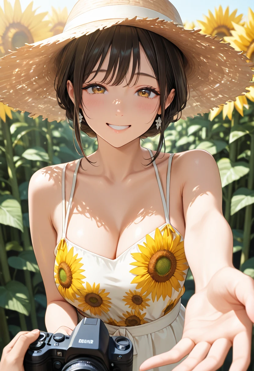 nsfw:1.1、Very smiling、ライトyellow髪、yellow、(((((Ultra tight swimsuit)))))、(((((Very thin small simple lace swimsuit)))))、(((camel toe)))、Big Breasts、((((Spread your legs wide and vulgarly))))、Beautiful woman、Slender women、(Detailed face)、Realistic Skin、((Delicate photo))，(Girl Masterpiece RAW Photo Details:1.25), (Highest quality:1.6), (Ultra-high resolution:1.5), (Realistic:1.75),8k resolution, ,50mm,Absurd, Ultra-detailed,Cinema Lighting、Full Color、(blunt bangs)、(Sunflower background)、