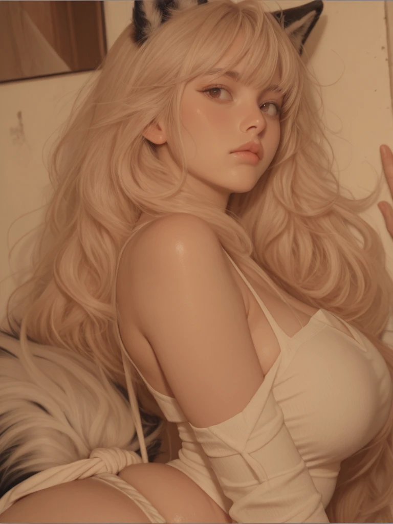 is high, platinum curly hair, gray eyes with gold color inside, pink cheeks and heart-shaped mouth, beating skin, hair that reaches your thighs and is platinum with dark gold streaks, Slim and toned body, good chest and good butt, delicate hands with long nails