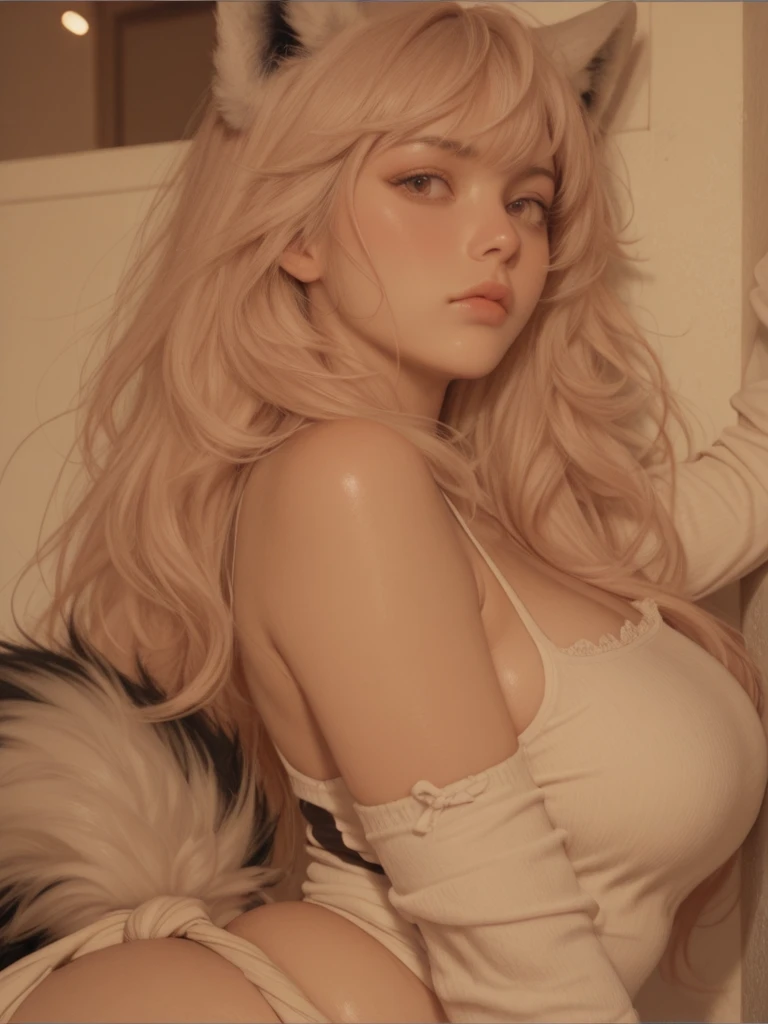 Bambi legs, cat ears, large eyes, droopy eyes, golden fur, pink body