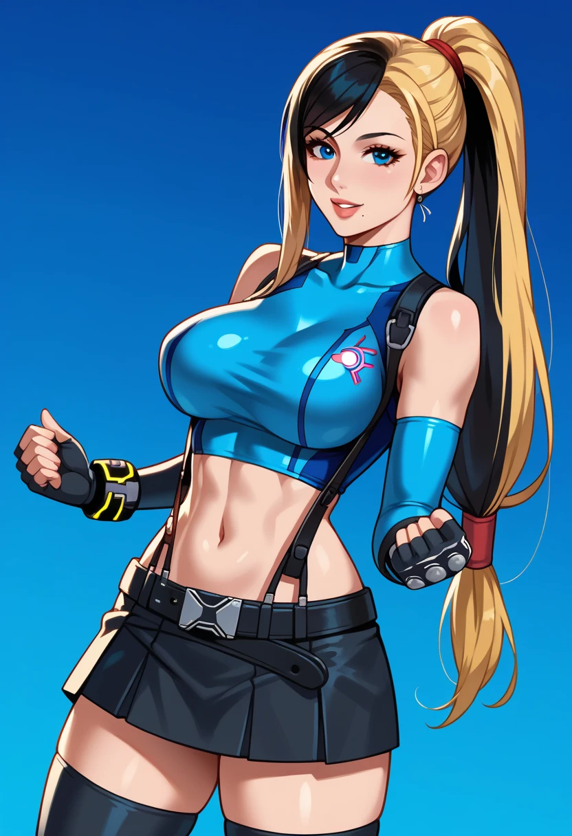 Young girl, long blonde hair, high ponytail, blue eyes, sports top, shorts, big breasts, lush breasts, smile, karambit, masterpiece, high quality