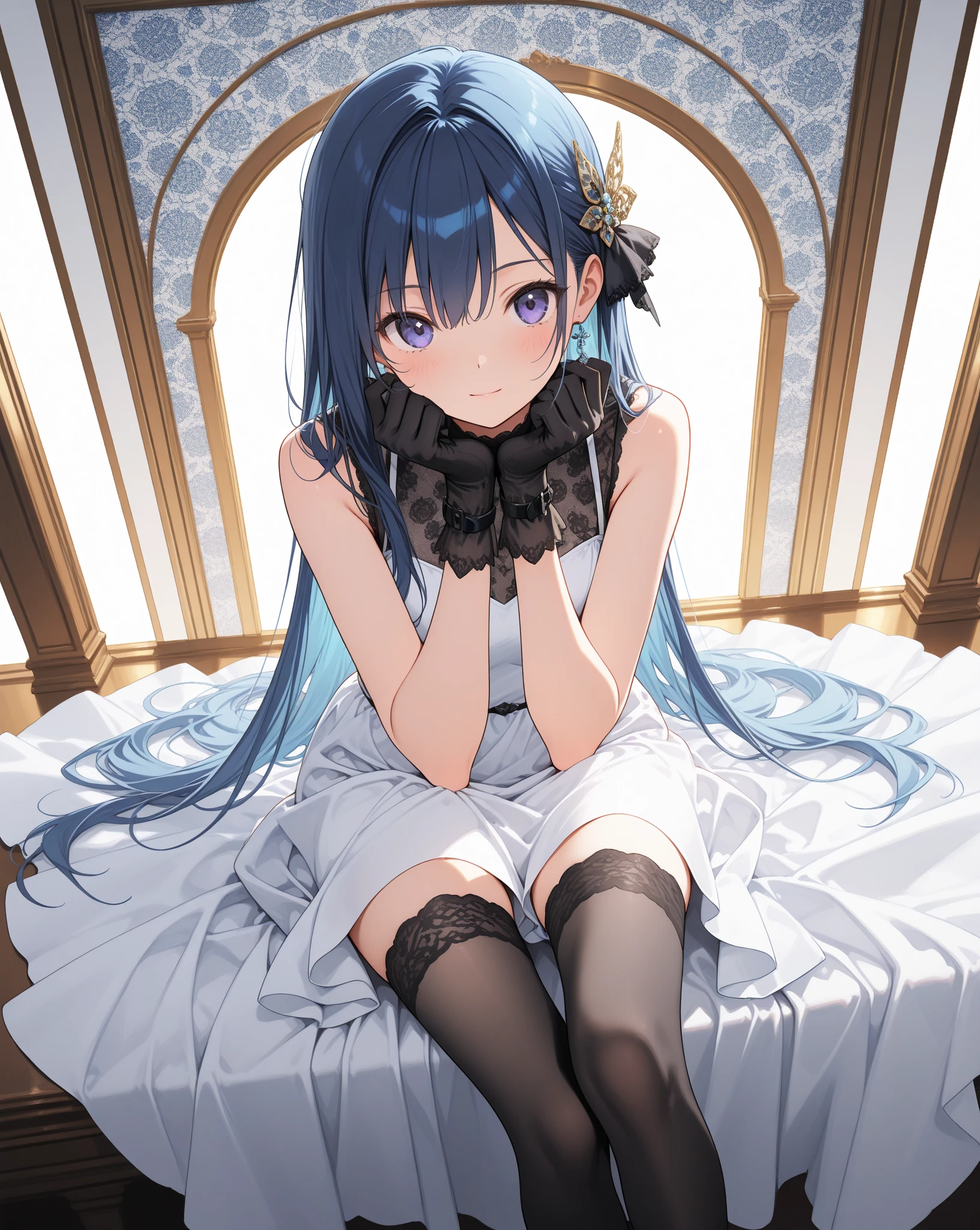 highest quality,sleep on your back in bed，Crab crotch，show me your boots，thigh high boots，leotardチラ見せ，glove，elegant, 1 girl, leotard，body suit，cute, blushed, looking at the viewer, from below, prison，blue eyes, beautiful eyes, beautiful background, particles of light, Light of the sun, dramatic lighting, outside, shiny, realistic, table top, highest quality, Super detailed, get used to it, scenery, beautiful and detailed eyes, thin hair，full body shot，