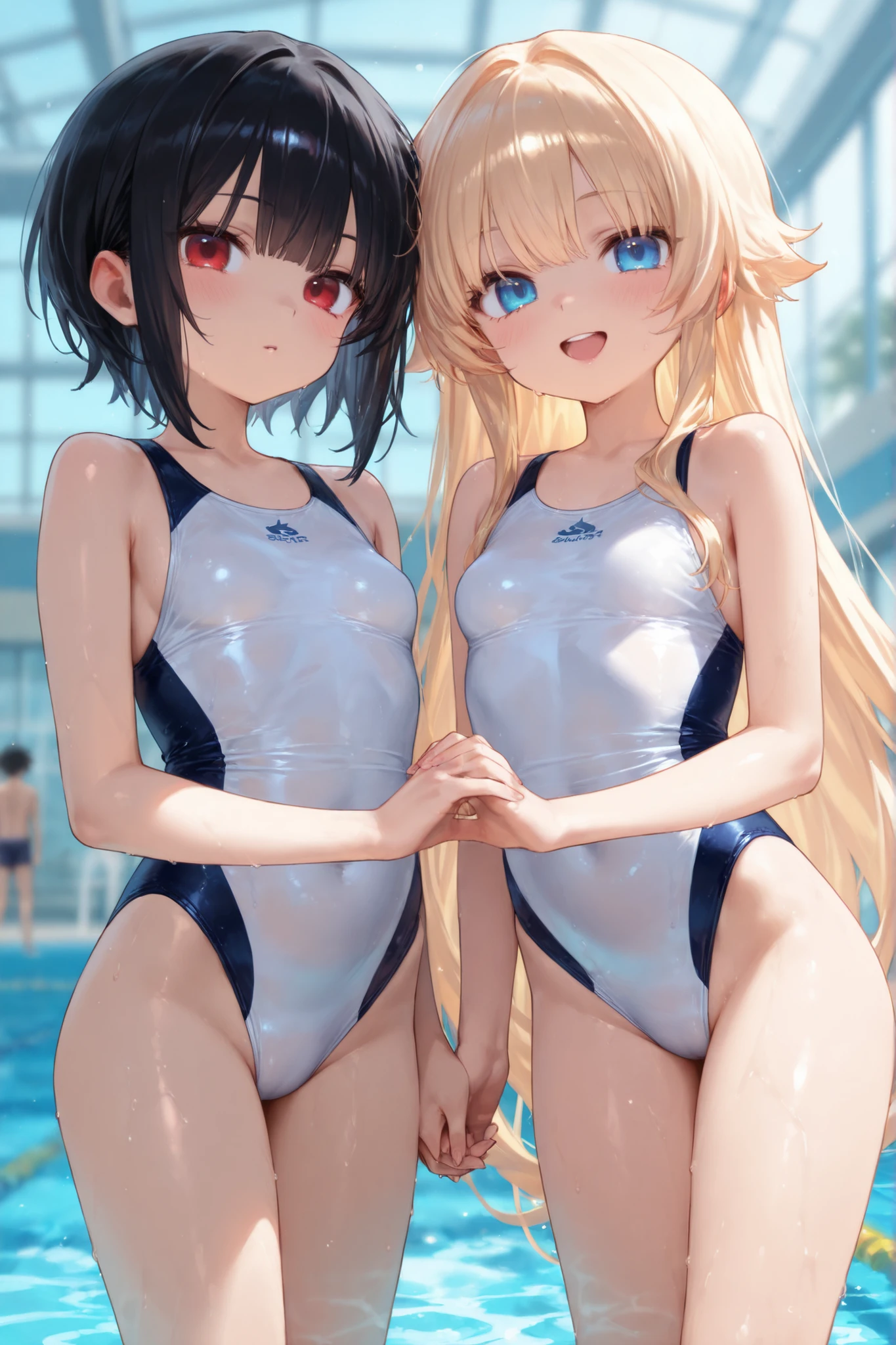 ultra-Top-quality by art God, ultra-detailed, high resolution, shinkai makoto style, anime moe artstyle, best anime 8k konachan wallpaper, pixiv contest winner, perfect anatomy, break,(Please draw a picture of a girl in a swimsuit sitting on a bench by the poolside alone.),break, a hyperrealistic school girl, parted lips, (Solo,lolita, ???, 13-year-old:1.3),Full limbs, complete fingers, androgynous charm, very long hair, wet hair, small breasts,slender body, Small butt, groin, Small black eyes,hanme,beautiful detailed eyes, well-proportioned iris and pupils, sleepily, highres detailed hair, swimsuit, wet swimsuit, bare shoulders, thighs,  in the school pool. break,super detailed skin, shiny skin, Best lighting powered by famous artist, 8k, illustration,UHD, textured skin,break,((artist:toosaka_asagi )), artist:clamp ,artist:carnelian ,artist:kantoku ,