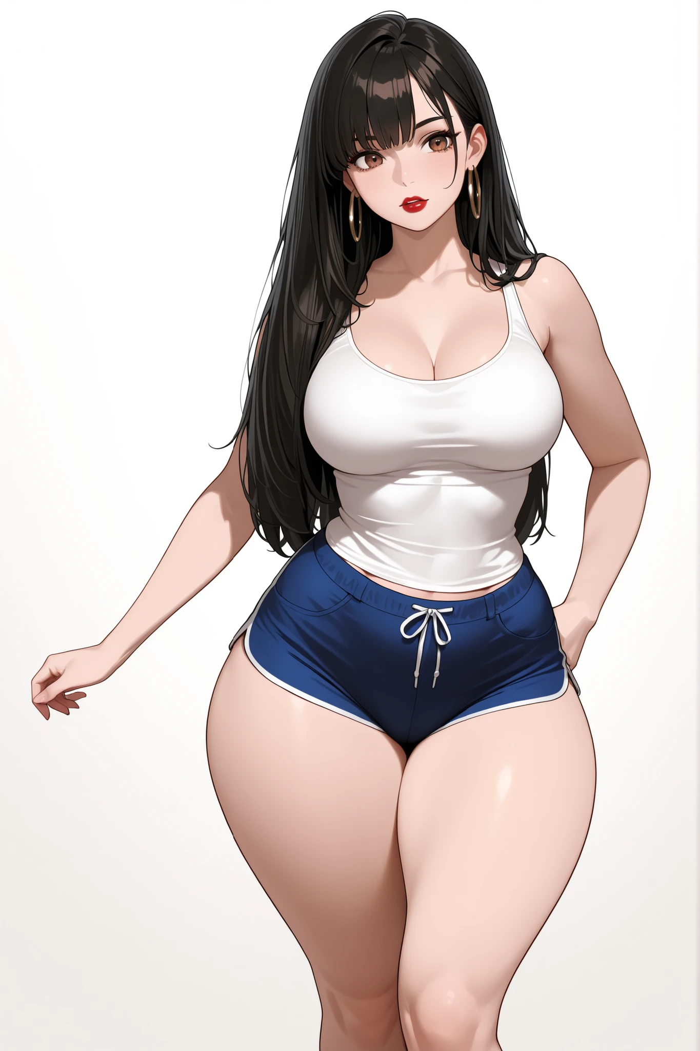    tall , model , White Girl skin  perfect face , detailed face , Red lipstick , perfect Brown eyes , beautiful , Normal  hips , thick thighs , big butt 150 Cm , standing , front view , perfect eyes, Black Hair, Long Wig, Wearing White Tank Top & Blue Booty Shorts  White Background C Cups  ,  Hoop Earrings
