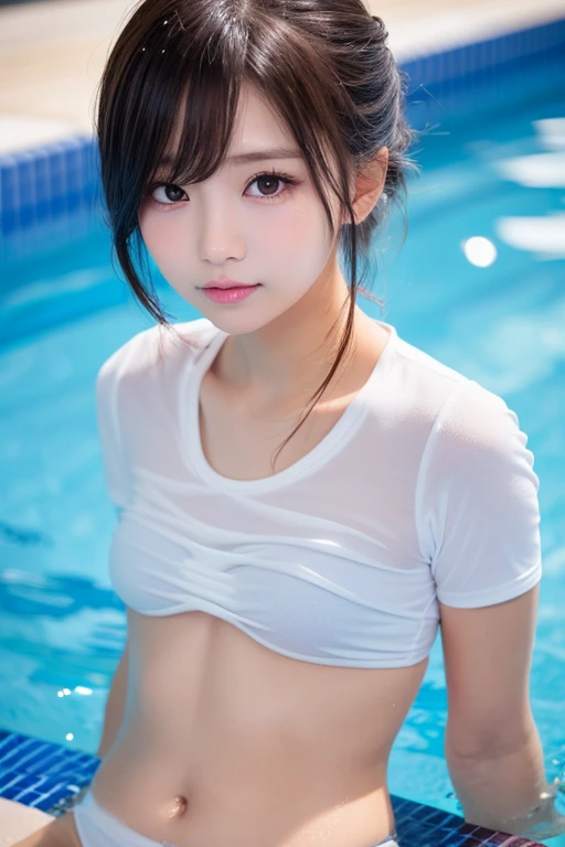 ((Best of the highest quality, 8k, Masterpiece, raw photo: 1.2)), (Sharp focus: 1.2), (1 AESPA, slim body type female, 21 y/o: 1.1), (solo: 1.28), (realistic, photo-realistic:1.37), cute face, finely eyes, (droopy eyes: 1.32), (Emphasize prominent aegyo-sal with bright: 1.2), shimmering eyeshadow applied under the lower lash line, paired with thick, (small breasts, flat chest, Thigh: 1.3), (short messy hair, updo: 1.2), (wet white button down shirt, panties, wet body: 1.2), walking in a pool, (from below: 1.1), arms up, rain