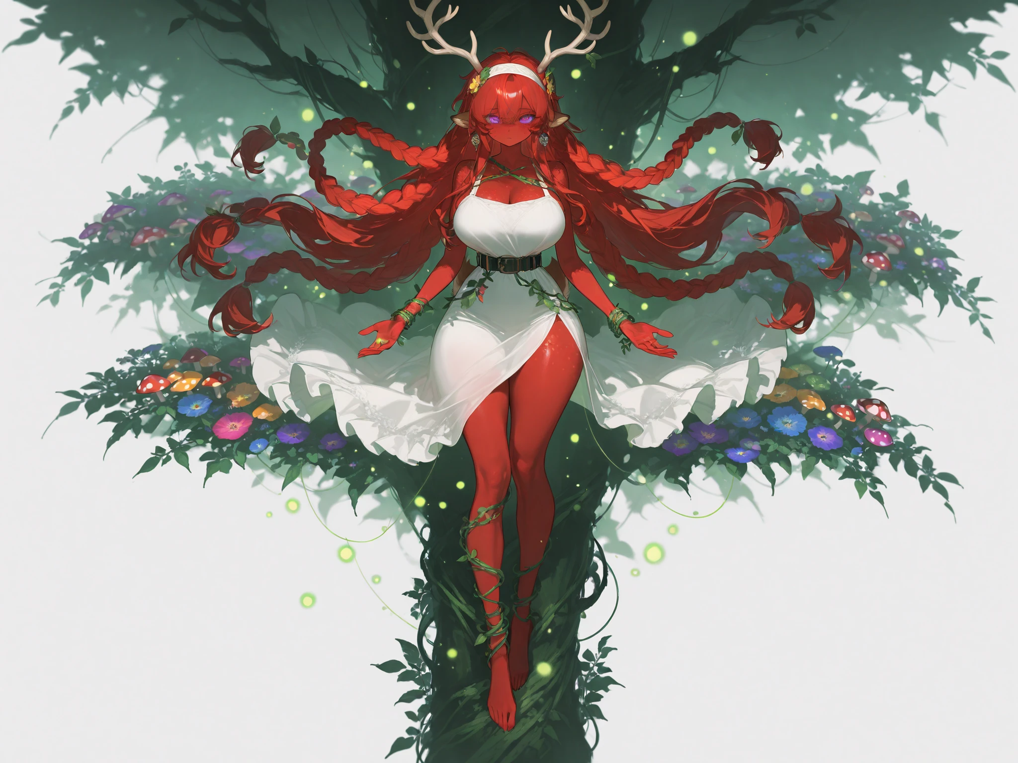 a female dryad,furry deer. She is tall, has , wide  and long legs. She has purple-red eyes. She has tanned skin covered with freckles. She has longest ginger-red  hair,some strands of hair are braided into sparse braids. She has brown deer ears and a deer tail, she has a brown deer hooves on her feet. On her head she has branching deer antlers covered with oak leaves. She is wearing a white sundress embroidered with red threads. She has vines bracelets, a headband, and a belt made of tree leaves and flowers. Her earrings are acorns. Close up:she holds out her hand to the viewer and offers to take her hand. (On the background : sunny evergreen forest, blooming wildflowers grow all around. the mushroom grove where big multicolor mushroom-trees grow everywhere around the blooming swamp, fireflies are flying in the air. Multicolored flowers and mushrooms wich growing around have bioluminescence.)