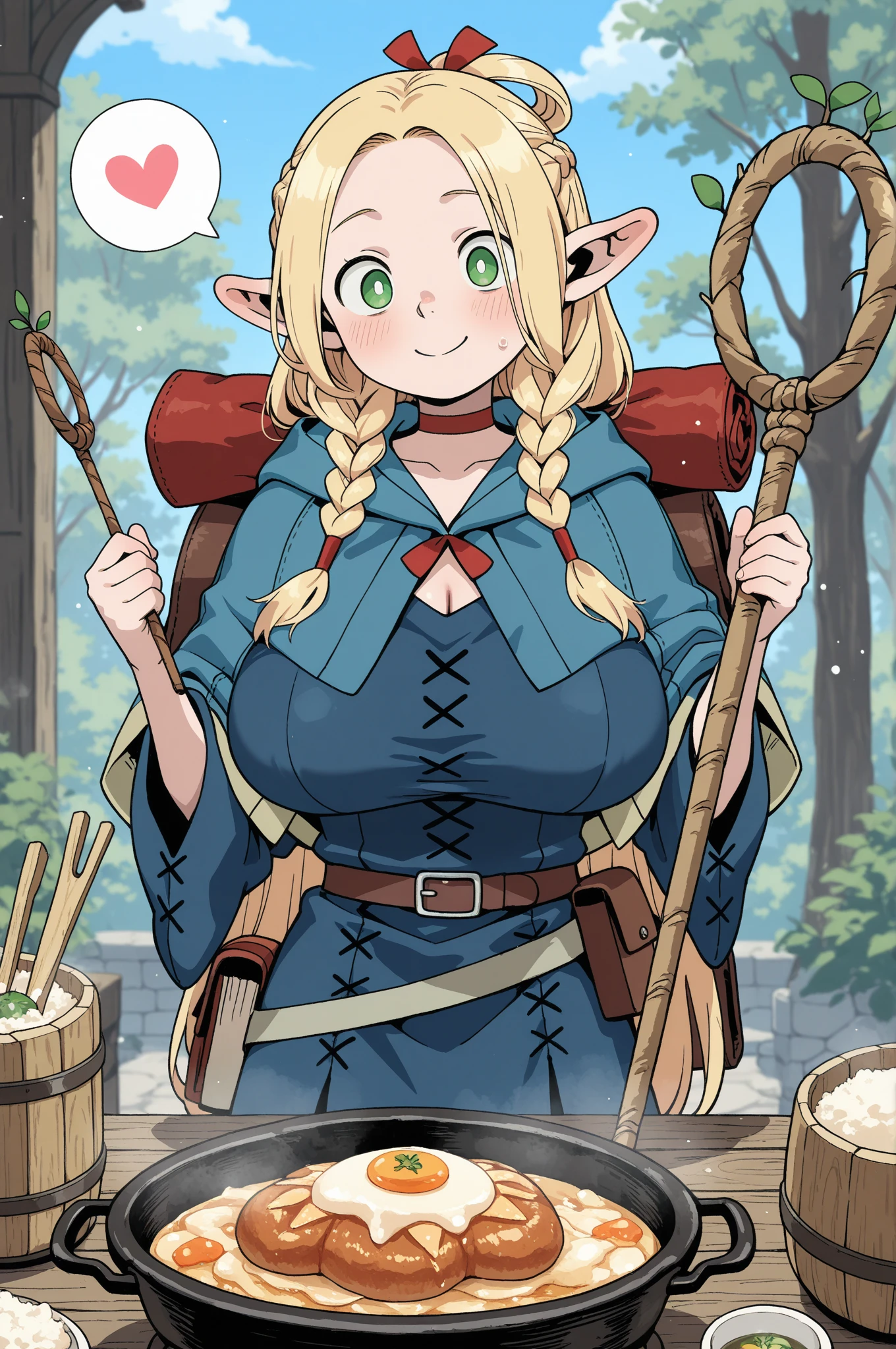 ((masterpiece,best quality)), absurdres,
Marcille_Donato_DungeonMeshi, 
1girl, solo, blonde hair, long hair, twin braids, elf, pointy ears, green eyes,
red choker, blue capelet, 
eating, plate, spoon
solo, smile,  blush, looking at viewer,(((thick thighs))) thin waist, gigantic breasts, 