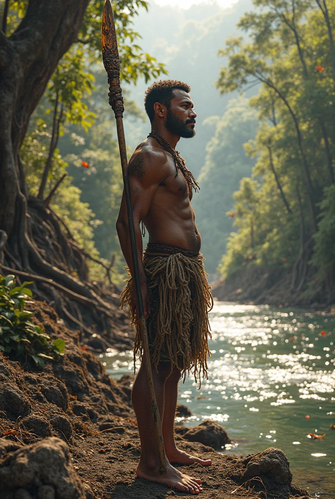 An Indian man with a characteristic face of Brazilian indigenous people, than "doesn&#39;t have a beard", stark, with a bow in hand in northeastern Brazil, in the caatinga with a spear, and with his face painted with indigenous paints