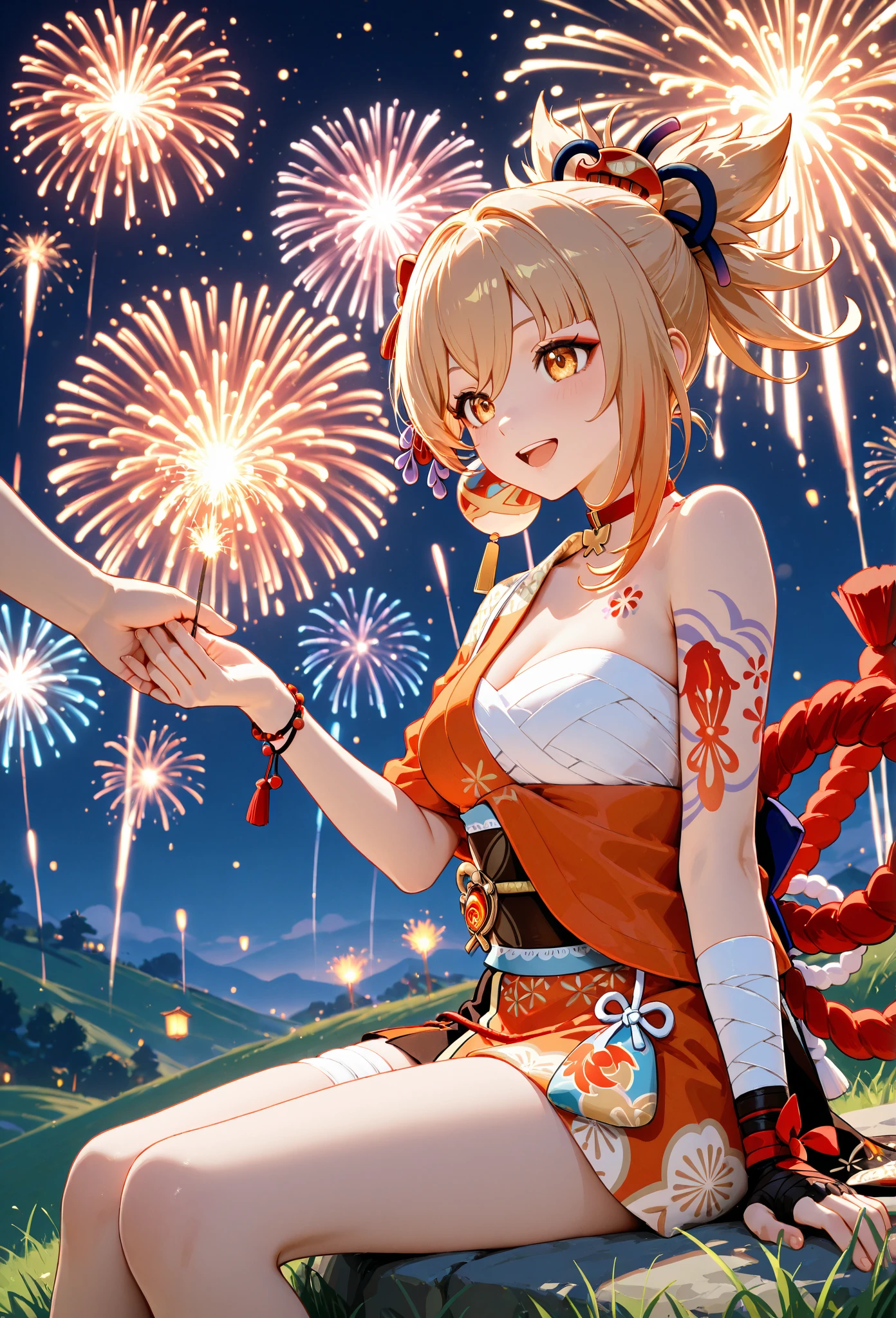1girl,cowboy shot,sitting,草原,fireworks,evening,joy,origen,