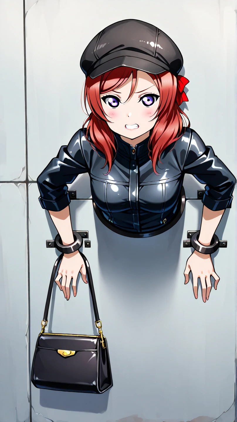 (((masterpiece))),(((High resolution)))、(((8K quality)))、(((Perfect Face)))、((Top quality eyes)), Attractive 40 year old woman, Anime Style、Too many bangs、Wavy Hair, Medium Hair, ((Hair on one eye)), Redhead, Small eyes, Brown eyes, Beautiful Eyes、red and thick lips、Big Breasts、Big Ass、Cleavage, (full bodysuit), latex, (shiny clothes), (torture chamber, prison), BDSM, bed, bondage, bound ,(arms up), bound arms, bound legs, bound wrists, breast bondage, (spread legs, frogtie, bound thighs), (lying on bed, on back), cowboy shot, (frown), (embarrassed, blush)