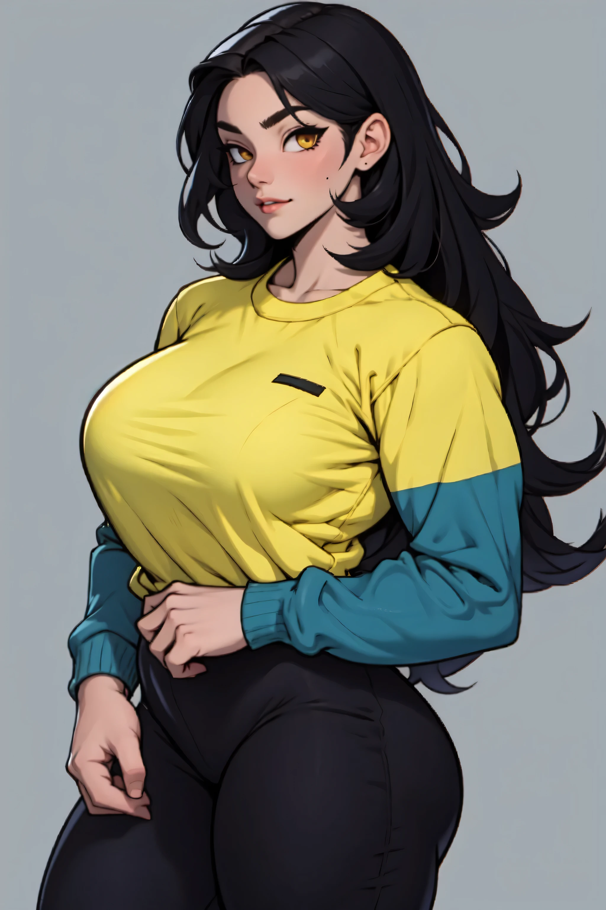 huge muscles breasts thick thick thick thick thick thick thick pale skin black hair yellow eyes depressed female tight shirt and leggings long sleeve