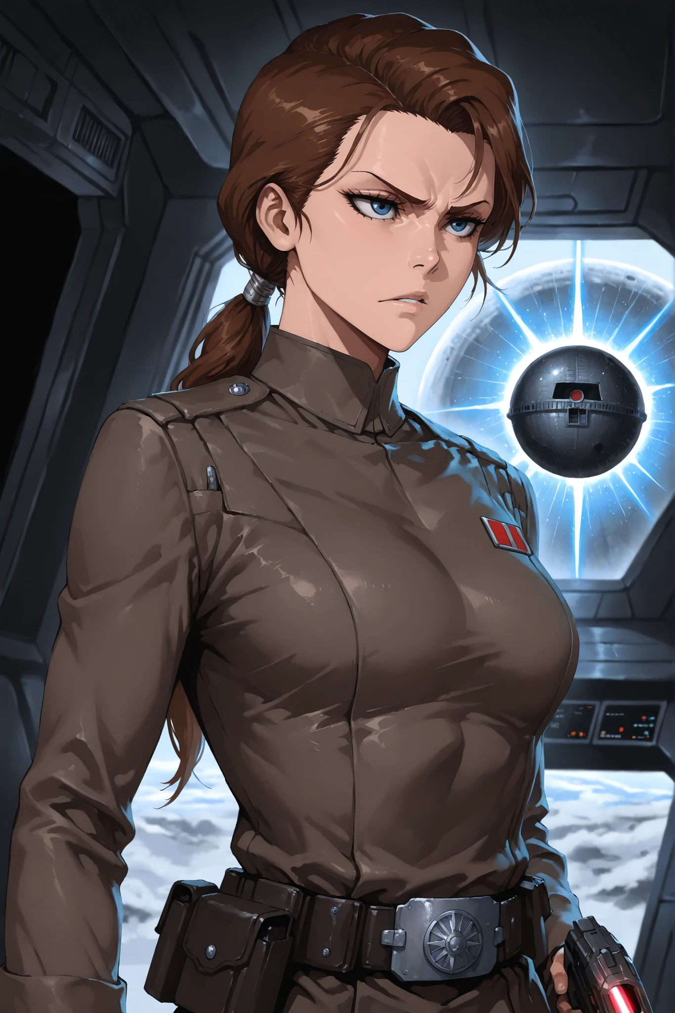 Masterpiece, 1girl, highly detailed, character, Star Wars, beautiful woman, athletic body, sharp facial features, brown hair, low ponytail, toned, , blue eyes, tsurime eyes, narrow eyes, stern expression, fair skin, Imperial officer uniform, utility belt, holding laser pistol, upper body shot, Death Star interior, Bleach art style