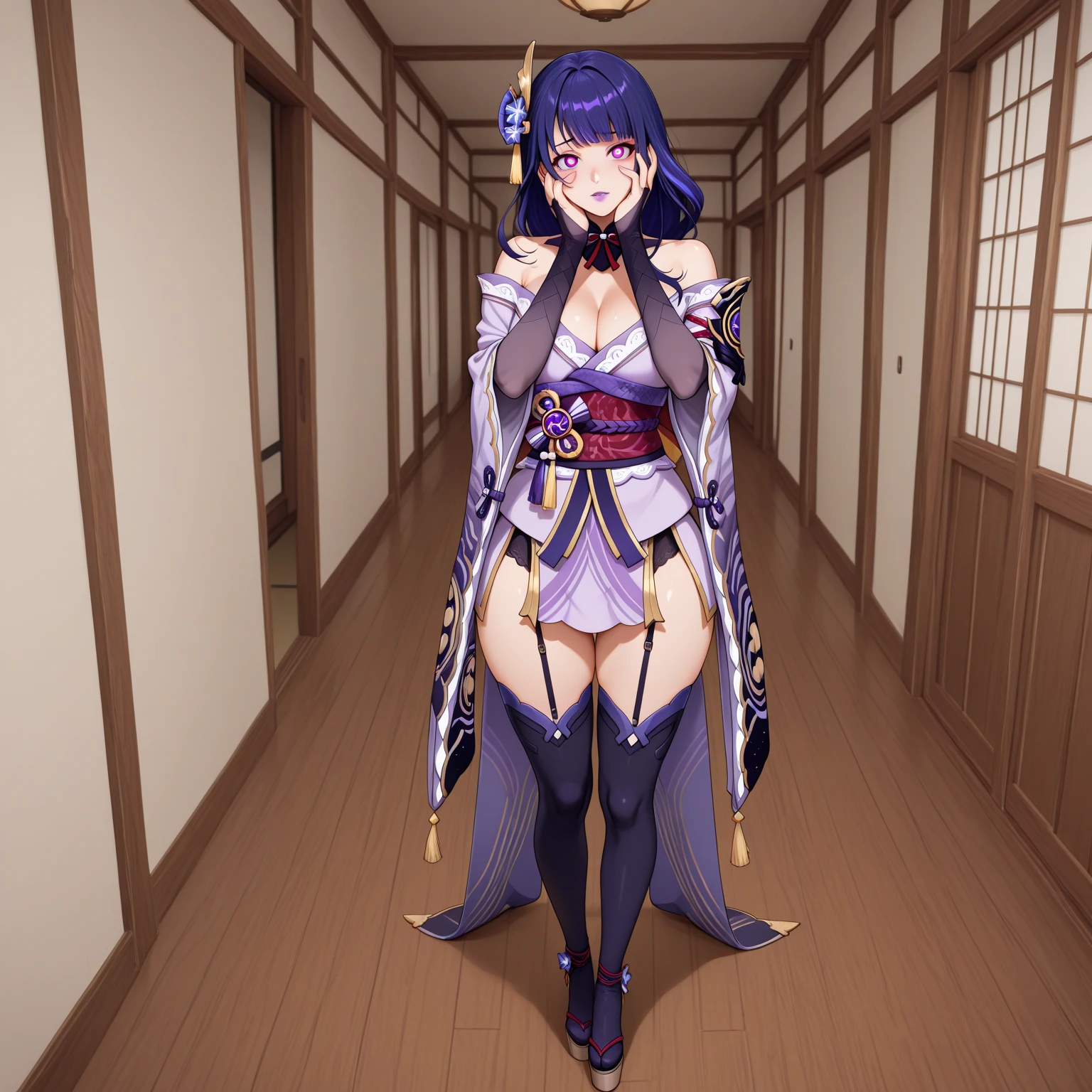 Masterpiece, best quality, breasts, Raiden Shogun, purple eyes, Japanese clothing, purple hair, big breasts, long hair, cleavage, hair accessories, thighs, purple kimono, high heels, bangs, black silk, long legs, long hair, thin waist