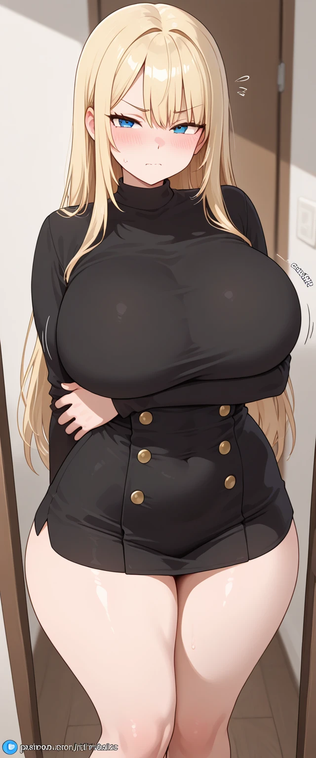 (Uhd, Masterpiece, Textured Skin, Super Detail, High Details, High Quality, Best Quality), Detailed Face, 1woman, mature pretty woman:1.5, ((Wide hips, thick thighs, massive huge breasts)), Blonde hair tied up, (Black sweater shirt), jeans, (Huge Body), (Hair tied up with side bangs)