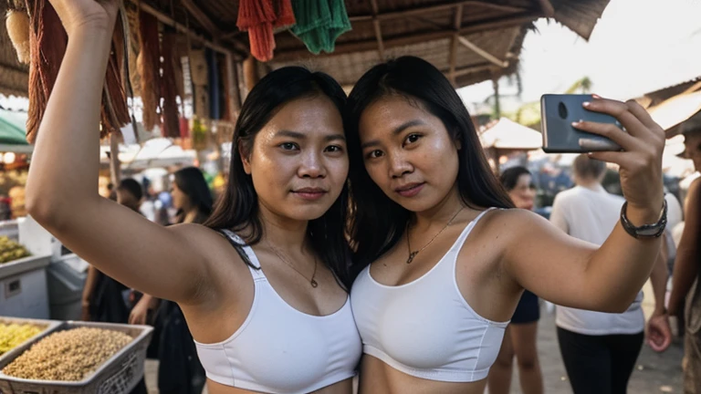 a very beautiful and sweaty 25 year old Indonesian naked girl, thick hairy armpits, muscular abs, is carried by two young men, and her hairy armpits are being kissed by them