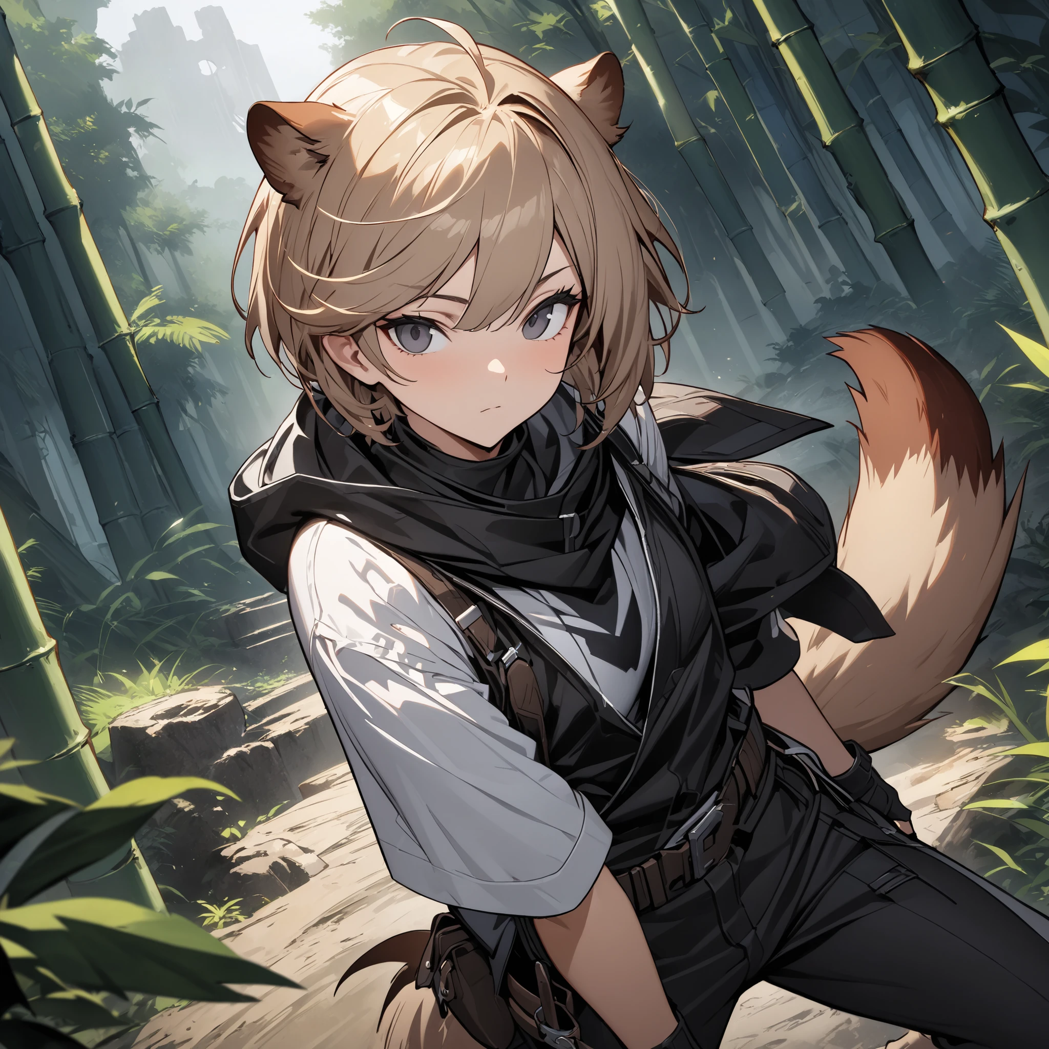 Masterpiece, High quality, Best quality, Quality masterpiece, Live2D, splash art, Focus on the face, solo man, Male, Height 164 cm. , head, Short hair, light brown hair, Black eyes, weasel ears, Long slender tail, weasel tail, wide collar, hood down, white shirt, black clothes, black gloves, fingerless gloves, black pants, Three-quarter pants, belt accessory, belt pouch, Bamboo forest, Ancient ruins.