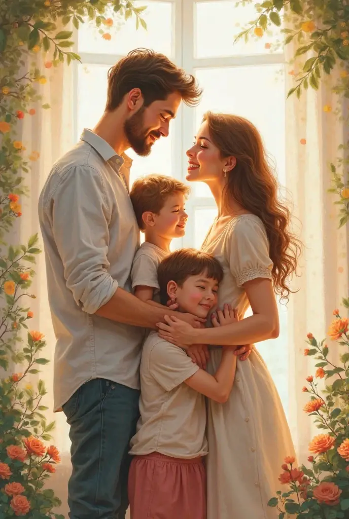 A family consisting of a father, a mother, and two children, a boy and a girl. 