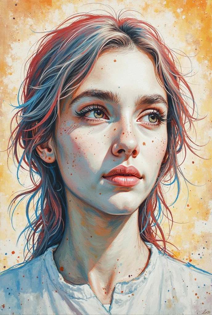 (work of art),(best qualityer:1.1),(ultra detali),best illustration,fine-details,(portraite:1.1),(close-up intenso),Watercolor drawing)floating,1 girl,standing alone,13 year old,Scrawny,(extremely delicate and beautiful face),(beautiful detailed eyes),thick pink lips,(Shaggy hair),(wearing a loose pink t-shirt),soft and lazy,(simple background:1.2)whole colored background,clearing,4K