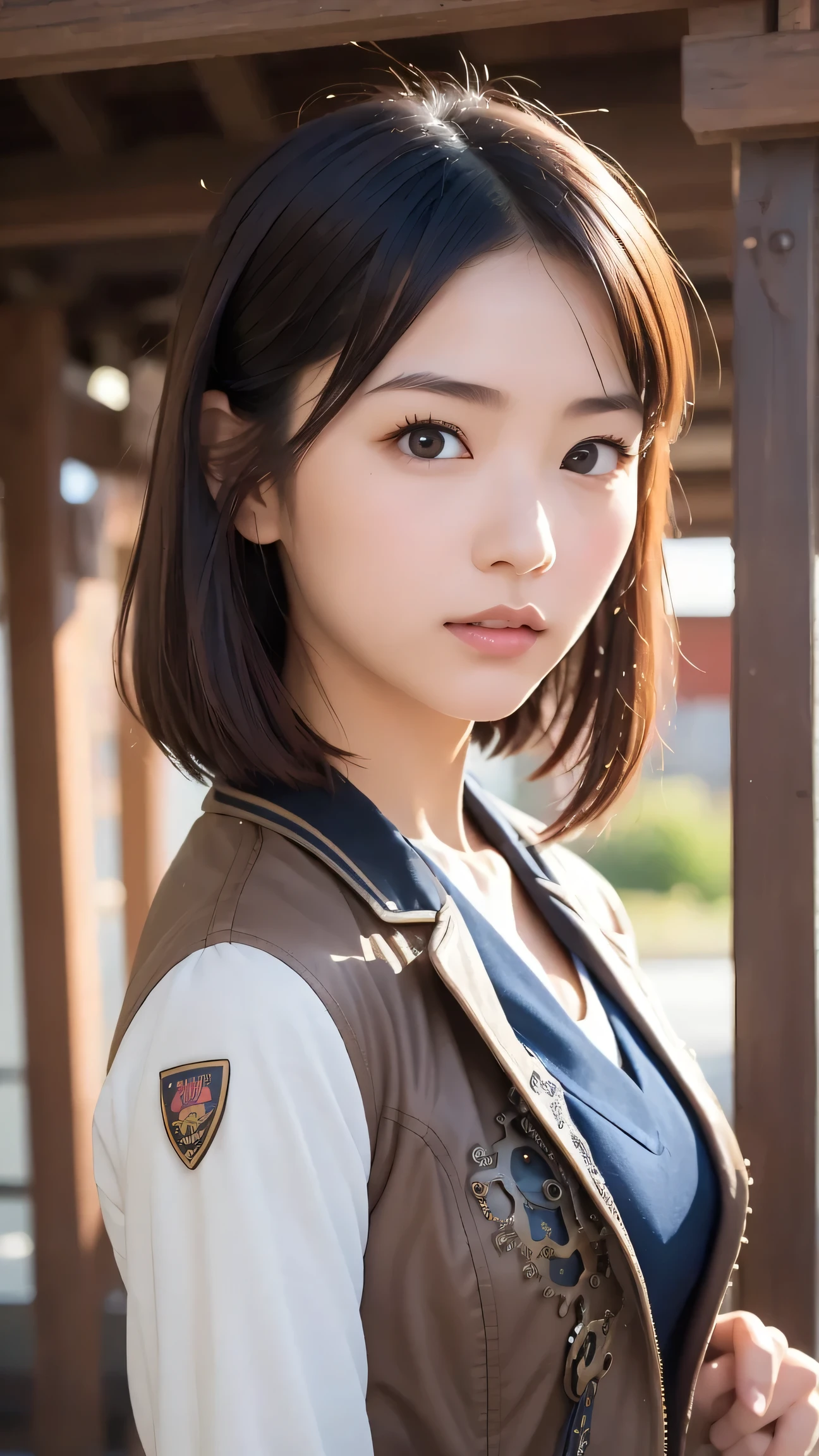 High Accuracy Choice、最High Accuracy Choice、masterpiece、high resolution、1Sunny Girl、cute Japanese girl (1),beautiful girl with dark hair、 viewers、(steampunk, student uniform:1.3) ,standing, (character faces, in front of Safushimi Inari Taisha's torii gate focuses on sharp eyes and delicate details:1.1), (character's face with a sunny girl:1.3), (open jacket)